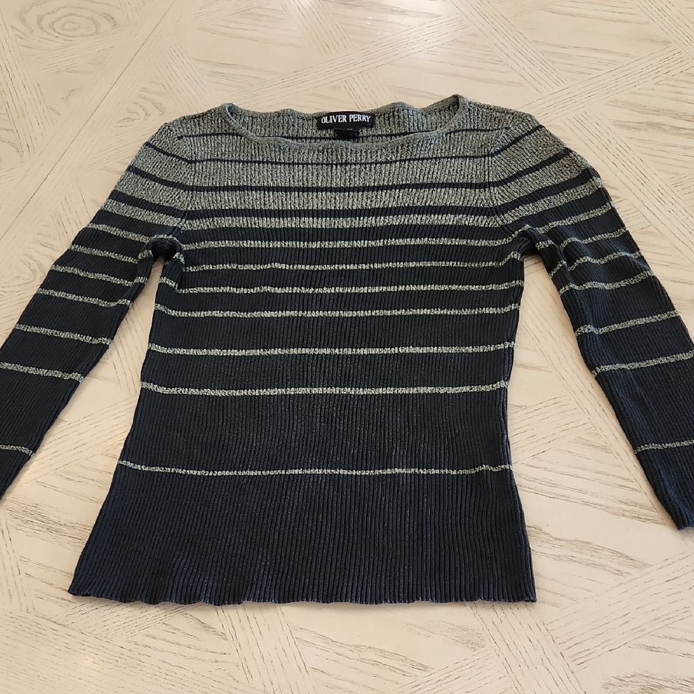 Oliver Perry Silk & Cotton Women's Striped Crew Neck Sweater Black & Gray Medium
